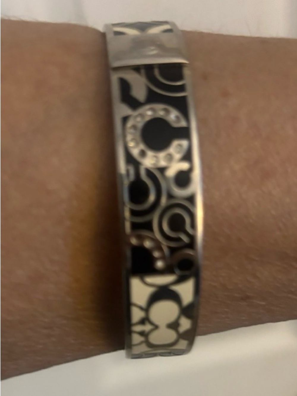 Coach Black and Silver Signature C Logo Bangle Bracelet